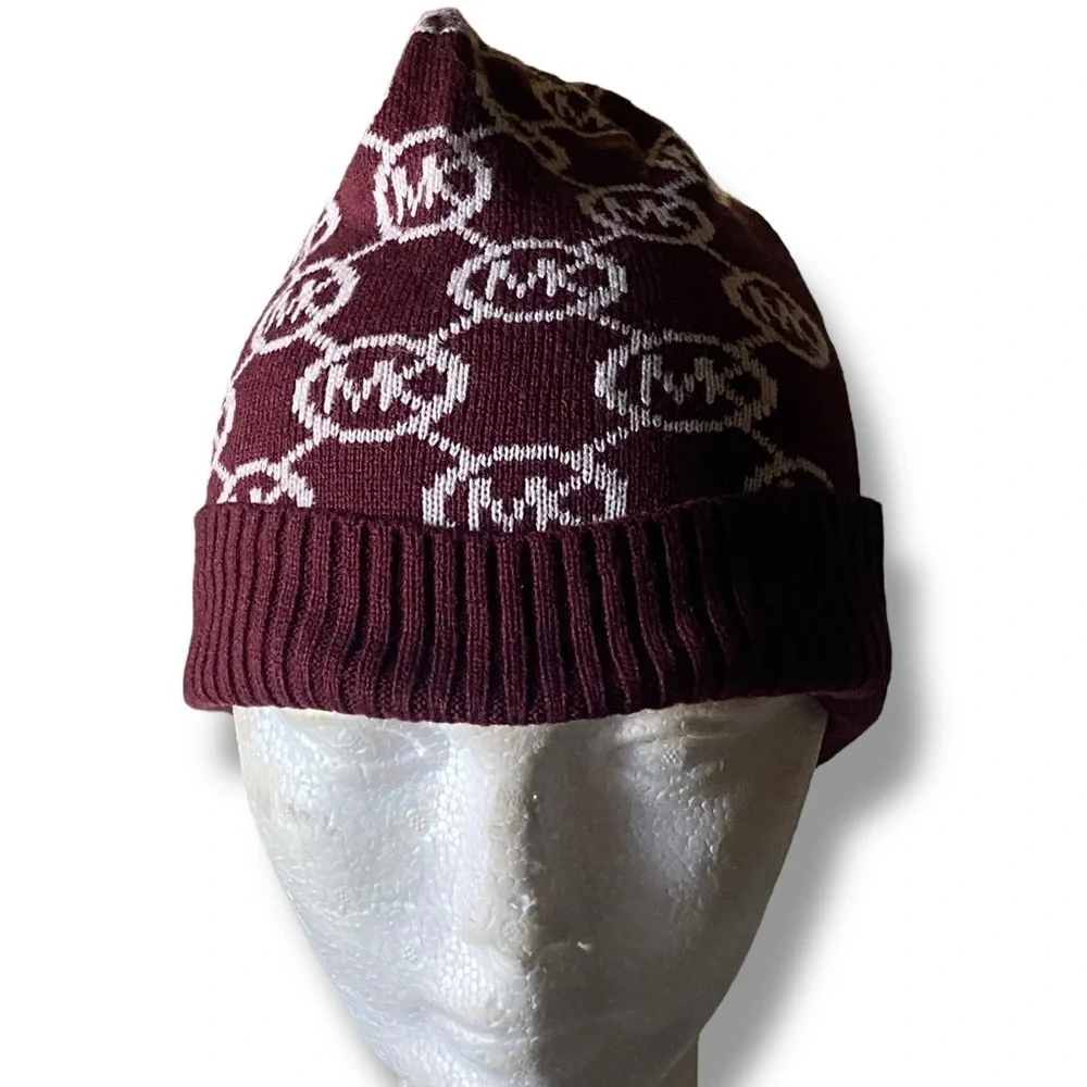Michael Kors Rib Knit Beanie All-Over MK Print Burgundy White One Size NWT